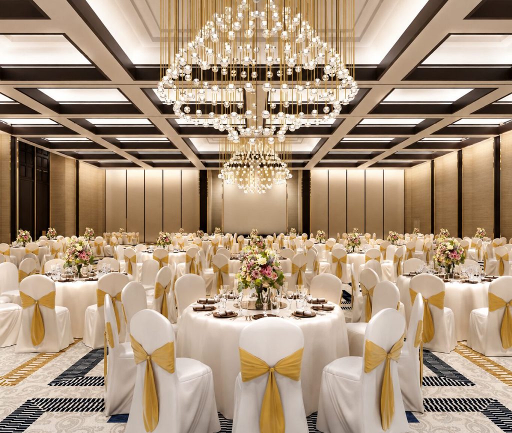 Rendering of the ballroom set for a banquet