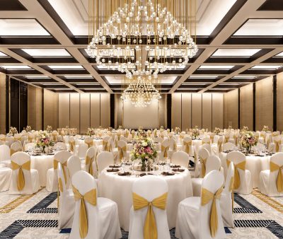Rendering of the ballroom set for a banquet