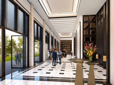 Rendering of the glazed corridor beside the ballroom