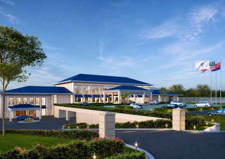 Architectural rendering of the clubhouse entrance at dusk