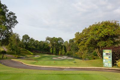 Fairway with cart path and hole information board